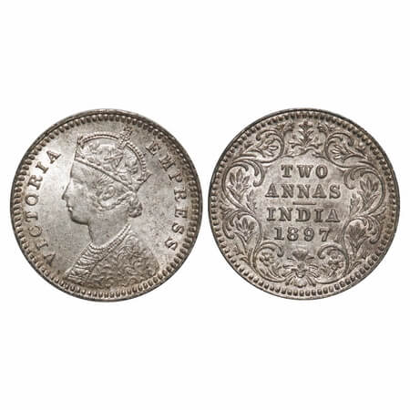Victoria Empress, Silver, 2 Annas, 1897, Calcutta Mint, B/II, 'C' incused. F. Prid 512. GK