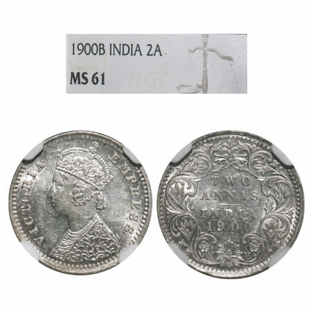 Victoria Empress, Silver, 2 Annas, 1900, Bombay Mint, B/I, 'B' raised. F. Prid 553. GK 812