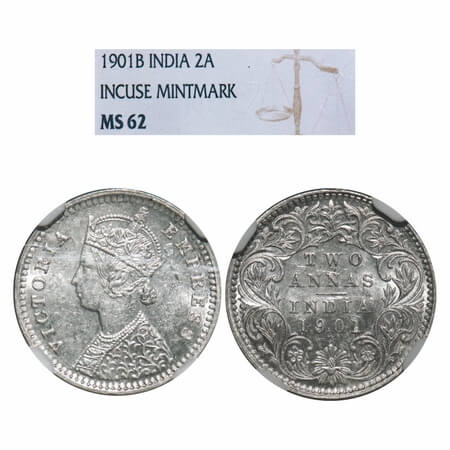 Victoria Empress, Silver, 2 Annas, 1901, Bombay Mint, B/I, 'B' incused. F. Prid 555. GK 81