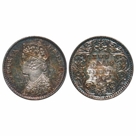 Victoria Empress, Silver, 2 Annas, 1901, Calcutta Mint, B/II, 'C' incused. F. Prid 515. GK