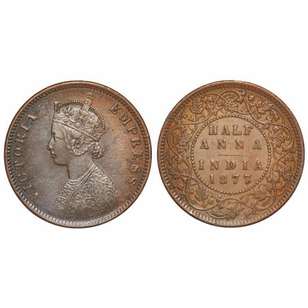 Victoria Empress, Copper, Half Anna, 1877, Bombay Mint, B/II. F. Prid 586. GK 820. Very Fi