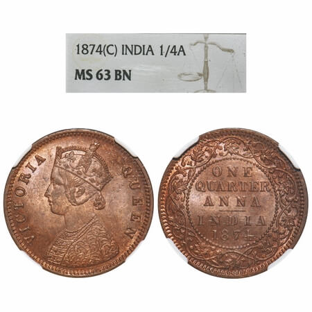 Victoria Queen, Copper, Quarter Anna, 1874, Calcutta Mint, B/II, No mint mark. F. Prid 608
