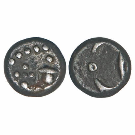 Madras Presidency, Silver Fanam, 0.90g, (1764-1806 AD Third Issue), Obv: Standing Vishnu, 