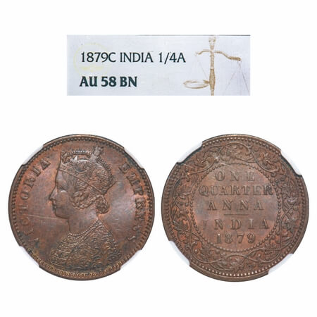 Victoria Empress, Copper, Quarter Anna, 1879, Calcutta Mint, B/II, 'C' incused. F. Prid 61
