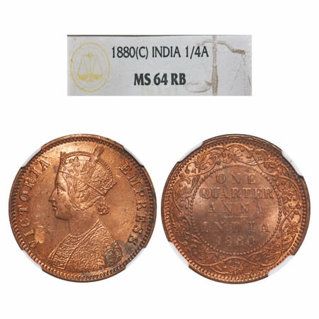 Victoria Empress, Copper, Quarter Anna, 1880, Calcutta Mint, B/II, No mint mark. F. Prid U