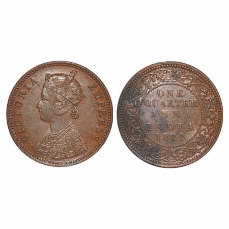 Victoria Empress, Copper, Quarter Anna, 1882, Bombay Mint, B/I, No mint mark. F. Prid 638.