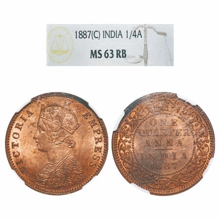 Victoria Empress, Copper, Quarter Anna, 1887, Calcutta Mint, B/II, 'C' incused. F. Prid 62