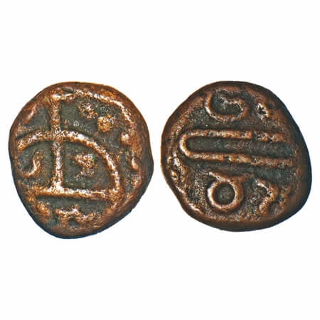 Madras Presidency, Copper Cash, 0.77g, (1678-1680 AD Issue), Obv: Bale Mark divided with C