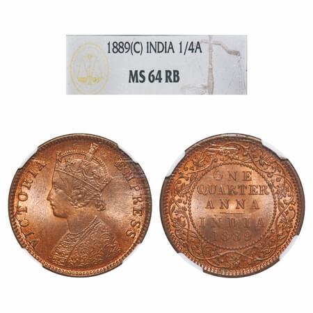 Victoria Empress, Copper, Quarter Anna, 1889, Calcutta Mint, B/II, No mint mark. F. Prid 6