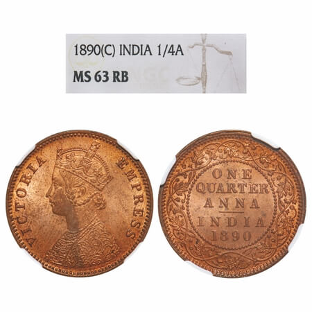 Victoria Empress, Copper, Quarter Anna, 1890, Calcutta Mint, B/II, No mint mark. F. Prid 6