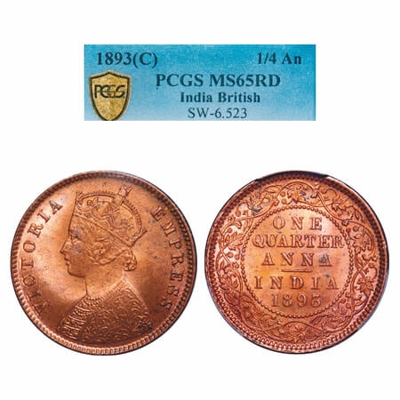 Victoria Empress, Copper, Quarter Anna, 1893, Calcutta Mint, B/II, No mint mark. F. Prid 6