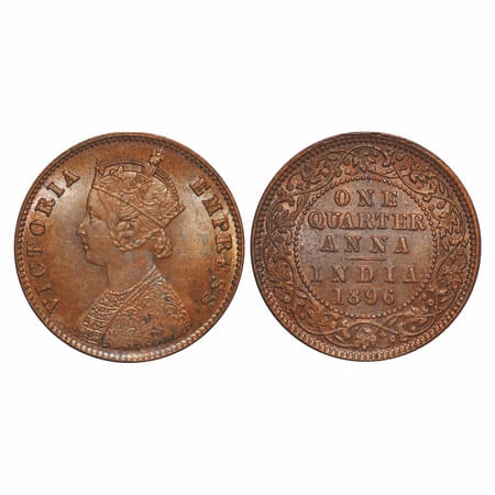 Victoria Empress, Copper, Quarter Anna, 1896, Calcutta Mint, B/II, No mint mark. F. Prid 6