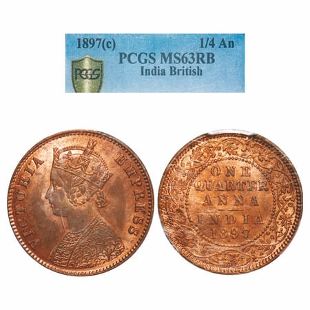 Victoria Empress, Copper, Quarter Anna, 1897, Calcutta Mint, B/II, No mint mark. F. Prid 6