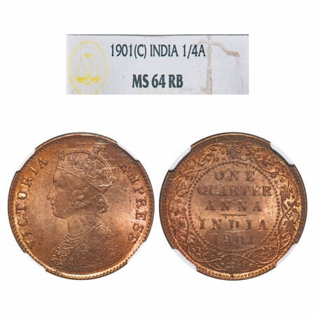Victoria Empress, Copper, Quarter Anna, 1901, Calcutta Mint, B/II, No mint mark. F. Prid 6