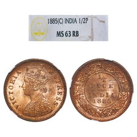 Victoria Empress, Copper, 1/2 Pice, 1885, Calcutta Mint, A/I, No mint mark. F. Prid 717. G