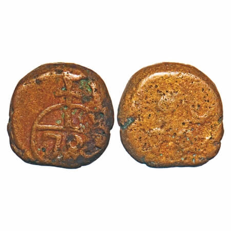 Madras Presidency, Copper 2 Cash, 1.63g, (16)78 AD, Obv: Bale Mark divided with the date 7