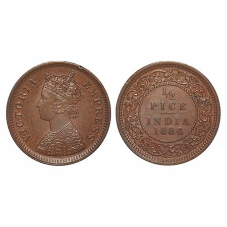 Victoria Empress, Copper, 1/2 Pice, 1886, Calcutta Mint, A/I, No mint mark, A small nick o