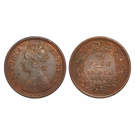 Victoria Empress, Copper, 1/2 Pice, 1888, Calcutta Mint, A/I, No mint mark. F. Prid 720. G