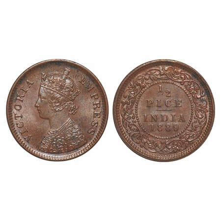 Victoria Empress, Copper, 1/2 Pice, 1889, Calcutta Mint, A/I, No mint mark. F. Prid 721. G