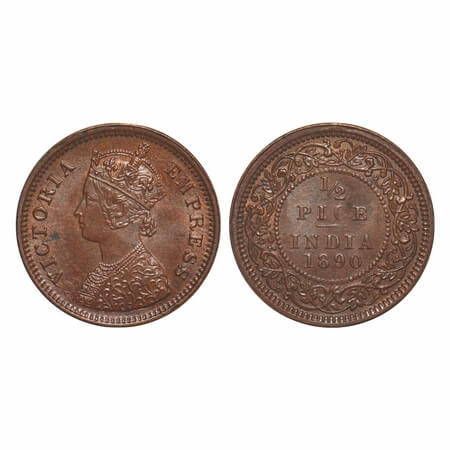 Victoria Empress, Copper, 1/2 Pice, 1890, Calcutta Mint, A/I, No mint mark. F. Prid 722. G