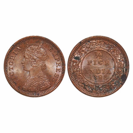 Victoria Empress, Copper, 1/2 Pice, 1892, Calcutta Mint, A/I, No mint mark. F. Prid 725. G
