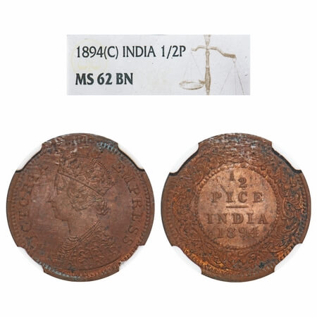Victoria Empress, Copper, 1/2 Pice, 1894, Calcutta Mint, A/I, No mint mark. F. Prid 727. G