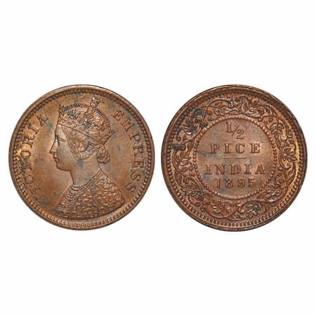 Victoria Empress, Copper, 1/2 Pice, 1895, Calcutta Mint, A/I, No mint mark. F. Prid 728. G