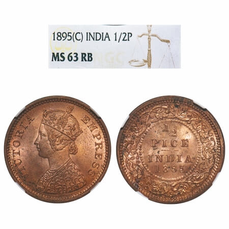 Victoria Empress, Copper, 1/2 Pice, 1895, Calcutta Mint, A/I, No mint mark. F. Prid 728. G