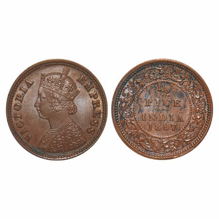 Victoria Empress, Copper, 1/2 Pice, 1897, Calcutta Mint, A/I, No mint mark, die crack on O