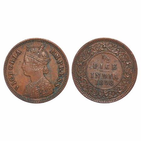 Victoria Empress, Copper, 1/2 Pice, 1898, Calcutta Mint, A/I, No mint mark, Ghost on Rev. 