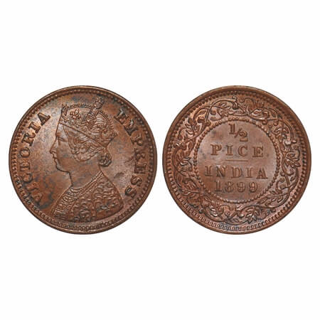 Victoria Empress, Copper, 1/2 Pice, 1899, Calcutta Mint, A/I, No mint mark. F. Prid 732. G