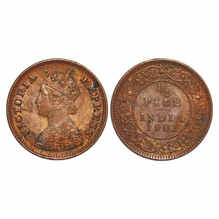 Victoria Empress, Copper, 1/2 Pice, 1901, Calcutta Mint, A/I, No mint mark, Ghost on Rev, 