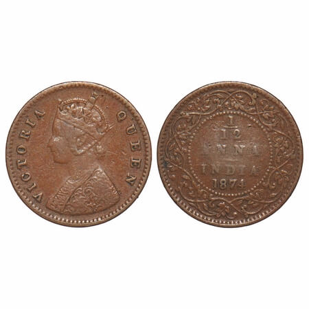 Victoria Queen, Copper, 1/12 Anna, 1874, Calcutta Mint, Obv A, No mint mark. F. Prid 783. 