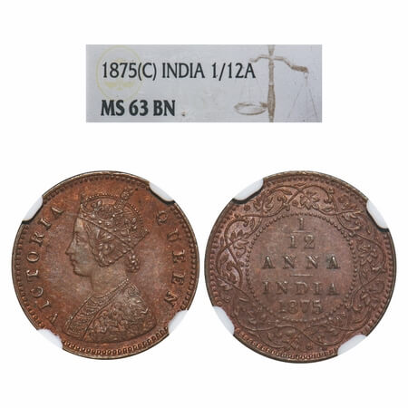 Victoria Queen, Copper, 1/12 Anna 1875, Calcutta Mint, Obv A, No mint mark. F. Prid 784. G