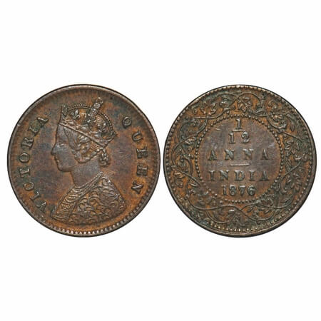 Victoria Queen, Copper, 1/12 Anna, 1876, Calcutta Mint, Obv A, No mint mark. F. Prid 785. 