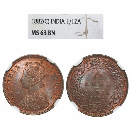 Victoria Empress, Copper, 1/12 Anna, 1882, Calcutta Mint, Obv B, 'C' incused. F. Prid 788.