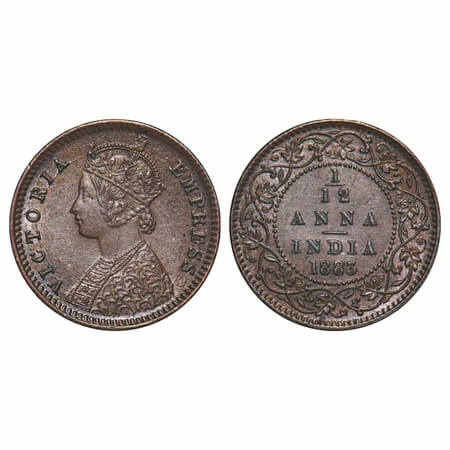 Victoria Empress, Copper, 1/12 Anna, 1883, Calcutta Mint, Obv B, 'C' incused. F. Prid 789.