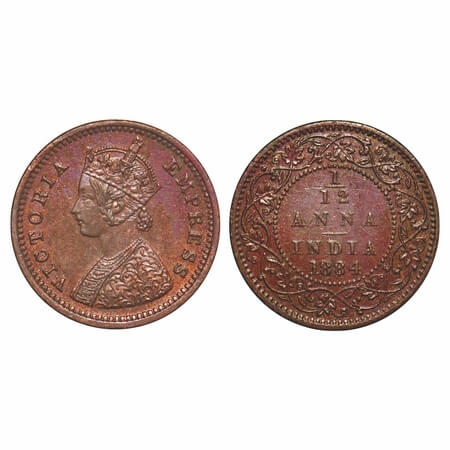 Victoria Empress, Copper, 1/12 Anna, 1884, Bombay Mint, Obv A, No mint mark. F. Prid 812. 