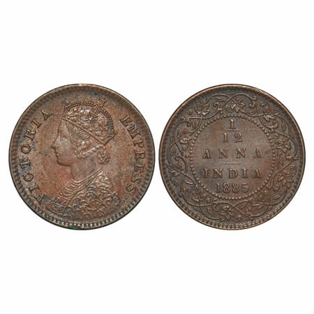 Victoria Empress, Copper, 1/12 Anna, 1885, Calcutta Mint, Obv B, 'C' incused. F. Prid 790.