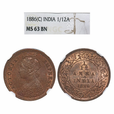 Victoria Empress, Copper, 1/12 Anna, 1886, Calcutta Mint, Obv B, 'C' incused. F. Prid 791.
