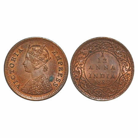 Victoria Empress, Copper, 1/12 Anna, 1888, Bombay Mint, Obv A, No mint mark. F. Prid 815. 