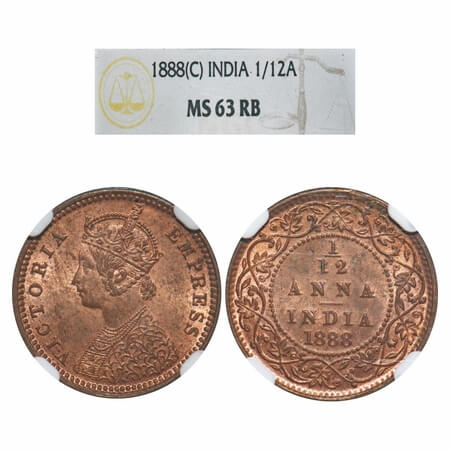 Victoria Empress, Copper, 1/12 Anna, 1888, Calcutta Mint, Obv B, No mint mark. F. Prid 793
