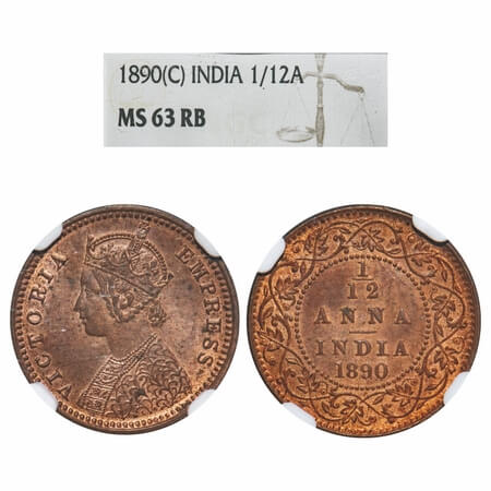 Victoria Empress, Copper, 1/12 Anna, 1890, Calcutta Mint, Obv B, No mint mark. F. Prid 795