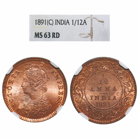 Victoria Empress, Copper, 1/12 Anna, 1891, Calcutta Mint, Obv B, No mint mark. F. Prid 796