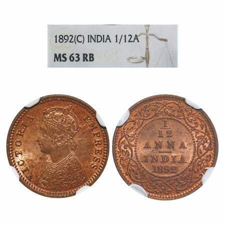 Victoria Empress, Copper, 1/12 Anna, 1892, Calcutta Mint, Obv B, No mint mark. F. Prid 797