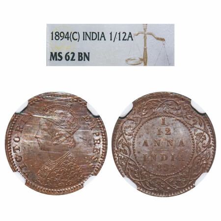 Victoria Empress, Copper, 1/12 Anna, 1894, Calcutta Mint, Obv B, No mint mark. F. Prid 799