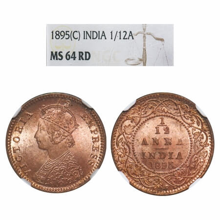 Victoria Empress, Copper, 1/12 Anna, 1895, Calcutta Mint, Obv B, No mint mark. F. Prid 800