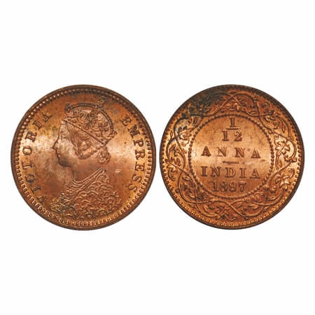 Victoria Empress, Copper, 1/12 Anna, 1897, Calcutta Mint, Obv B, No mint mark, Ghost on Re