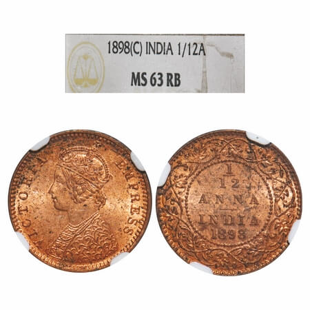 Victoria Empress, Copper, 1/12 Anna, 1898, Calcutta Mint, Obv B, No mint mark. F. Prid 802