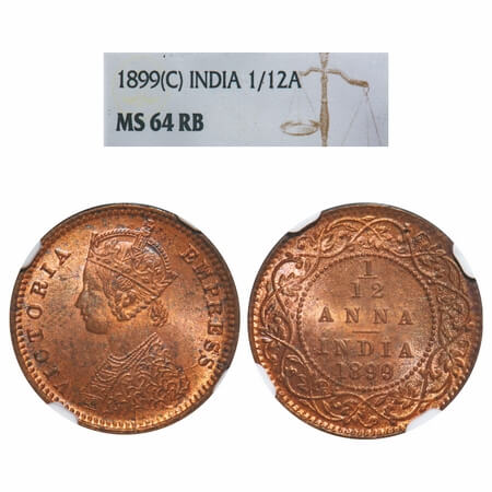 Victoria Empress, Copper, 1/12 Anna, 1899, Calcutta Mint, Obv B, No mint mark. F. Prid 804